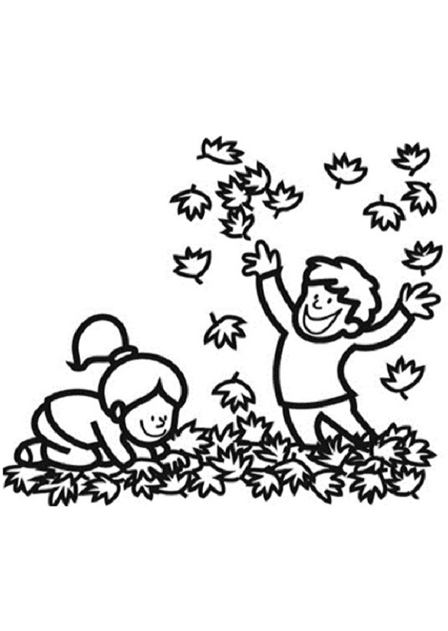 dibujo para colorear niños jugando con hojas otoño