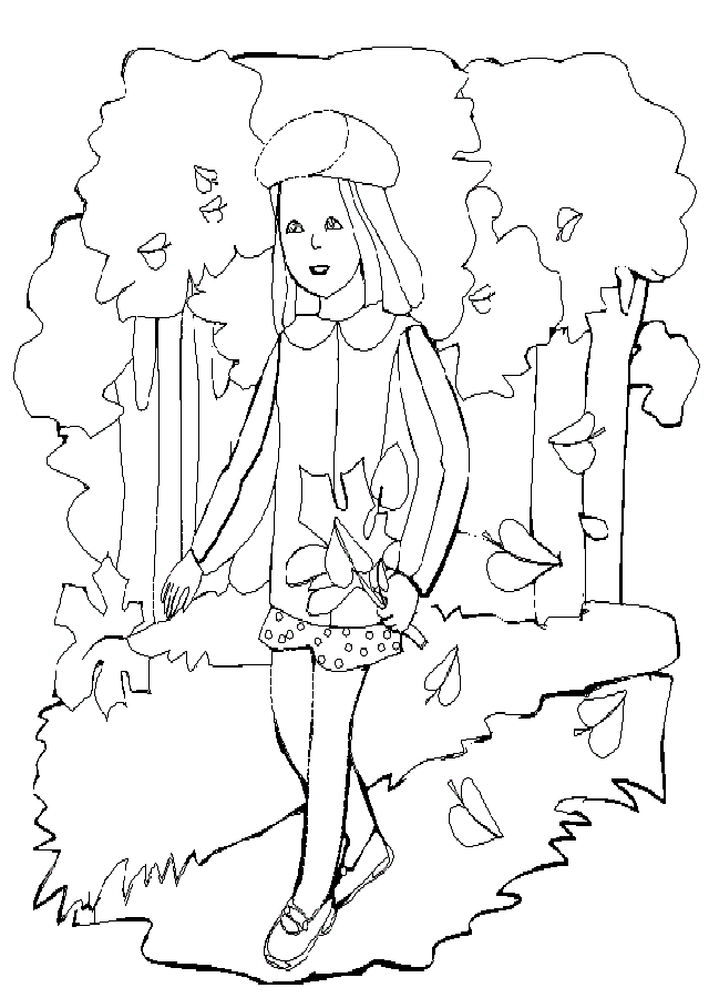 dibujo para colorear niña paseando por en campo otoño