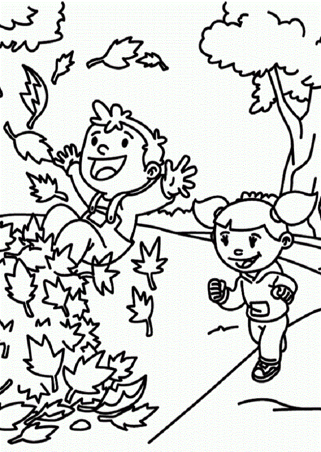 imagen para colorear niños jugando con hojas