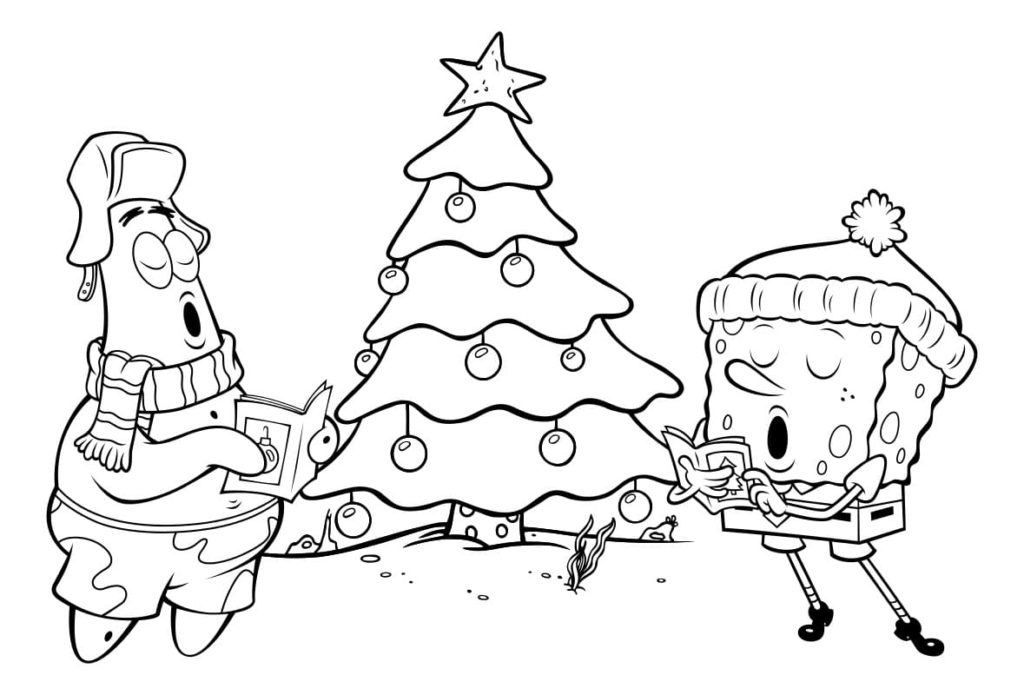 patricio y bob esponja cantando villancicos en el arbol de navidad para imprimir y pintar